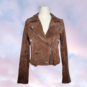BlankNYC Coffee Bean Suede Leather Moto Biker Zip Up Collared Jacket Sz XS
